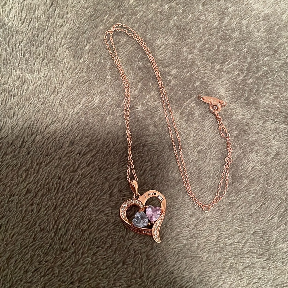 Rose Gold Heart Necklace with March and June Birthstone